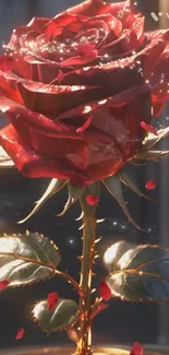 A vibrant red rose surrounded by petals with a dark background.