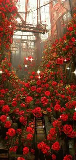 Beautiful red roses in an enchanting garden setting wallpaper.