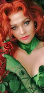 Red-haired woman in green costume with rose and leaves.