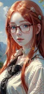 Fantasy art wallpaper of a girl with red hair and glasses in a natural setting.