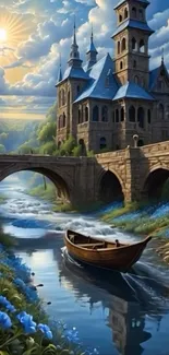 A castle and boat beside a tranquil river under a vibrant sky.