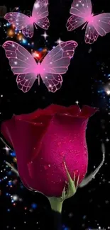 Enchanting pink rose and butterflies in a starry night design for mobile wallpaper.