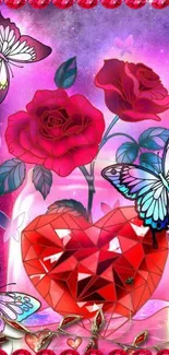 Colorful wallpaper with roses, butterflies, and a heart design.