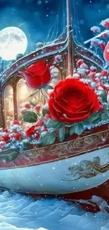 Moonlit boat with red roses in a dreamy fantasy setting.