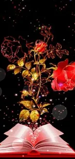 Vibrant red rose blooms from an open book on a dark background.