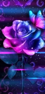 Purple rose with a butterfly in a glowing, fantasy-themed wallpaper.