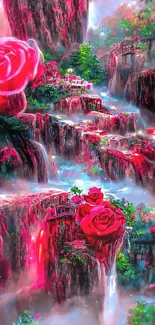 Fantasy canyon with giant red roses and misty waterfalls.