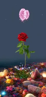 Mobile wallpaper with a red rose and glowing pink hearts in a starry night setting.