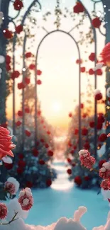 Enchanting rose garden at sunrise with snow and arches.