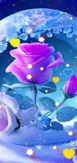 Vivid purple rose encased in a glowing blue orb with stars and hearts.