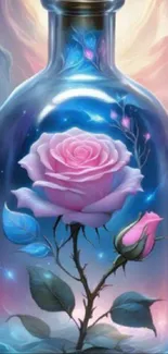 Mystical rose in a glass bottle surrounded by vibrant colors