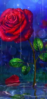 Vibrant red rose glistening in rainfall against a blue-purple background.