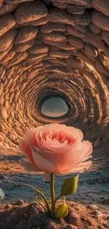 Rose blooming inside a stone tunnel.