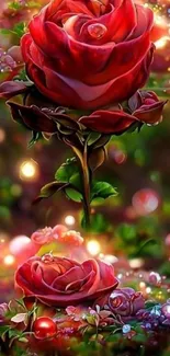 Magical red rose mobile wallpaper with sparkling accents.