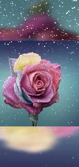 Frost-covered, colorful rose wallpaper with artistic flair.