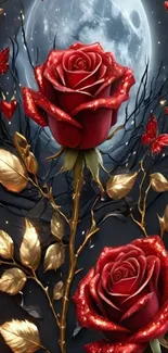 Enchanting red roses under a full moon with butterflies.