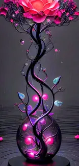 A neon-lit fantasy rose with glowing petals and swirling stems.