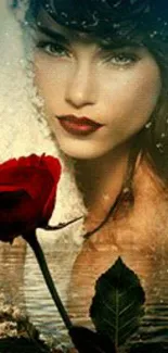 Artistic portrait of a woman with a rose and water reflection.