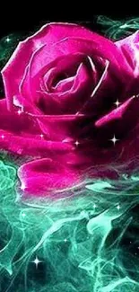 Pink rose with teal smoke on black background wallpaper.