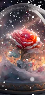 Mystical snow globe with a glowing rose inside on snowy mountain background.