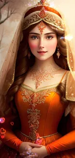 An enchanting royal portrait with orange hues and a winter background.