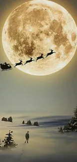 Santa's sleigh flying over a glowing full moon in a winter landscape.