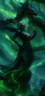 Fantasy art of a mystical woman with a serpent dragon in vibrant green hues.