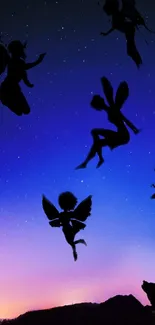 Silhouetted fairies dance in a gradient night sky, creating a magical mobile wallpaper.