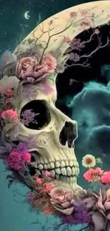 Mystical skull with flowers under moonlit sky.