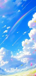 Blue sky and rainbow with fluffy clouds.