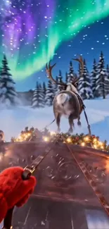 Reindeer pulling a sleigh under vivid aurora borealis in a snowy landscape.