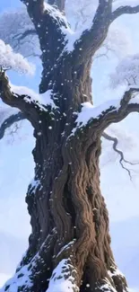 Majestic snow-covered tree in winter landscape.