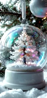 Snow globe with Christmas tree and lights, resting on snow.