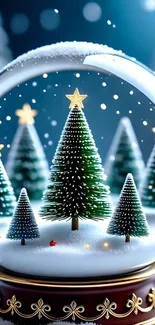 Snow globe with Christmas trees and falling snowflakes.