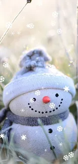 Cute snowman in frosty grass winter wallpaper.