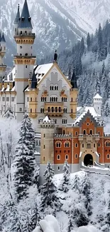 Enchanting snowy castle surrounded by winter forest.