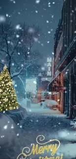 Snowy street with Christmas tree and decorations under a starry night.