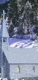 Snowy church surrounded by frosty trees in a winter wonderland.