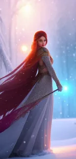 Fantasy scene of a red-haired sorceress in a snowy landscape with magical light.