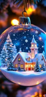 A charming winter village in a Christmas ornament, glowing softly with snowflakes.