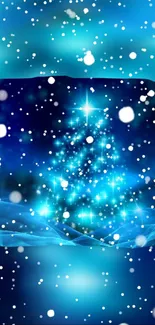 Magical blue snowy tree with falling snowflakes