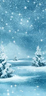Snowy trees under a starry night sky wallpaper.