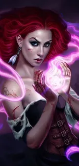 Fantasy sorceress with red hair casting glowing spells in a vivid mobile wallpaper.