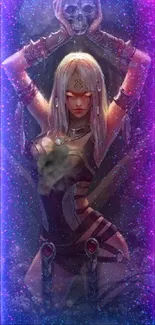 Mystical sorceress in dark art style with a skull, purple hues, and fantasy elements.