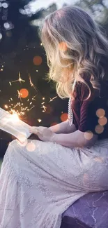 Woman reading with sparkles in nature scene, dreamy mobile wallpaper.