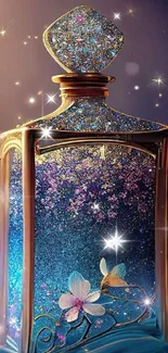 Glittering bottle with butterflies and stars in blue and gold hues.