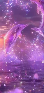 Two sparkling dolphins leap in a mystical purple ocean.