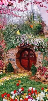 Whimsical hobbit home with spring blooms.