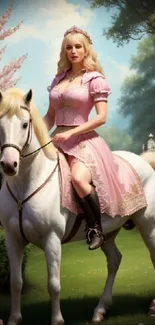 Princess in pink dress on white horse in blooming garden wallpaper.