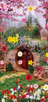 Hobbit house in a vibrant spring garden with flowers blooming.